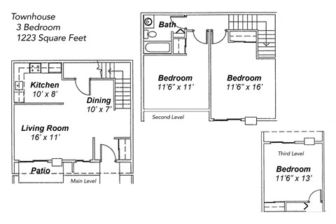 Floor plan for 3 beds, 1 bath, 1011 sqft